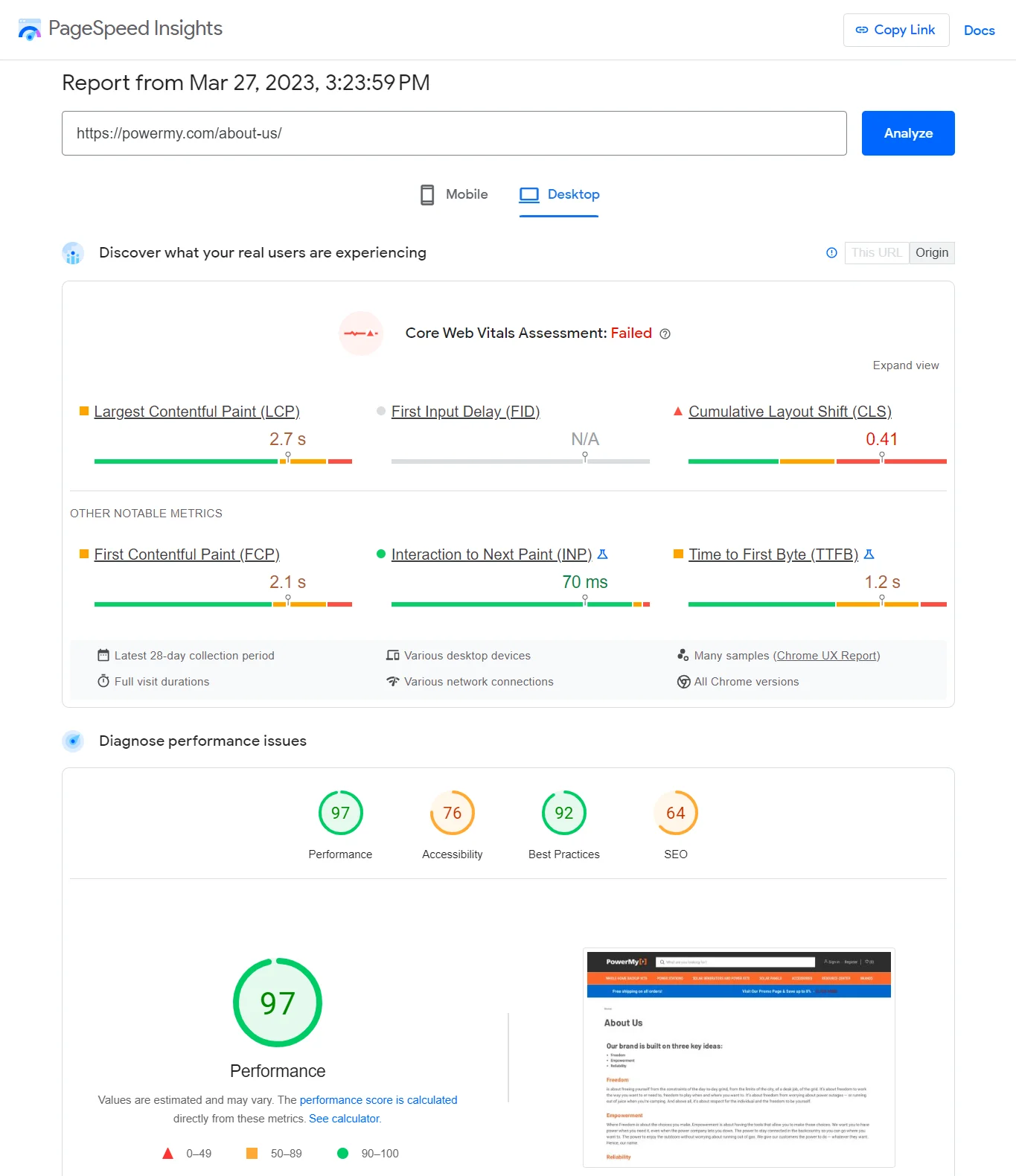 PageSpeed Insights Desktop report showing a performance score of 97.